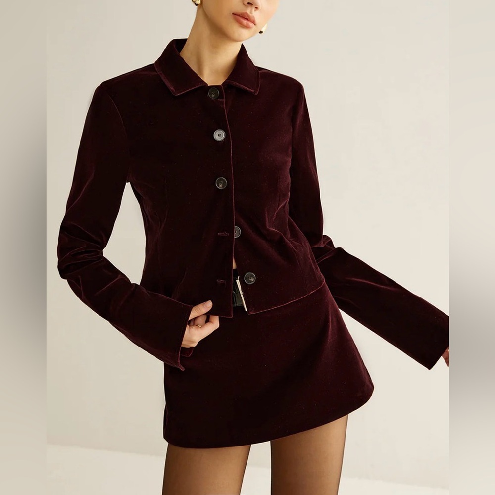Velvet Collared Jacket & Mini Skirt Set